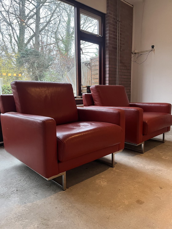 Image 1 of 2x Red Leather Chairs From Hulshof