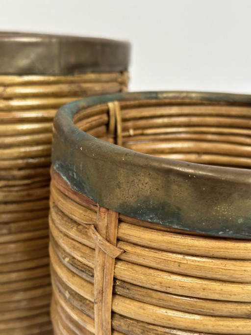 Pair Of 1960S Rattan And Brass Baskets