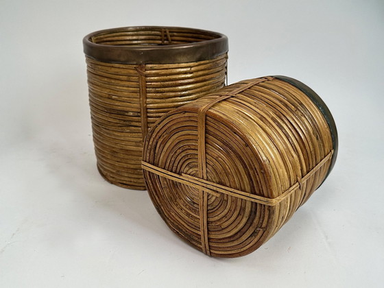 Image 1 of Pair Of 1960S Rattan And Brass Baskets