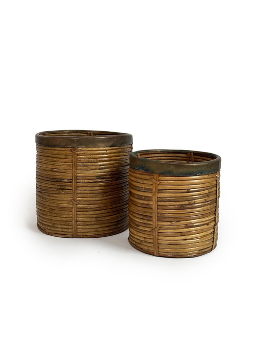 Pair Of 1960S Rattan And Brass Baskets