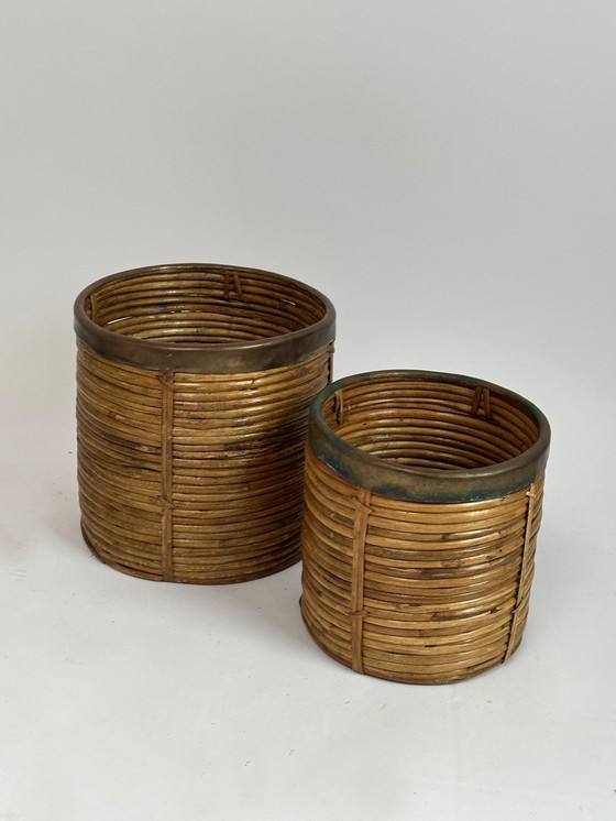 Image 1 of Pair Of 1960S Rattan And Brass Baskets