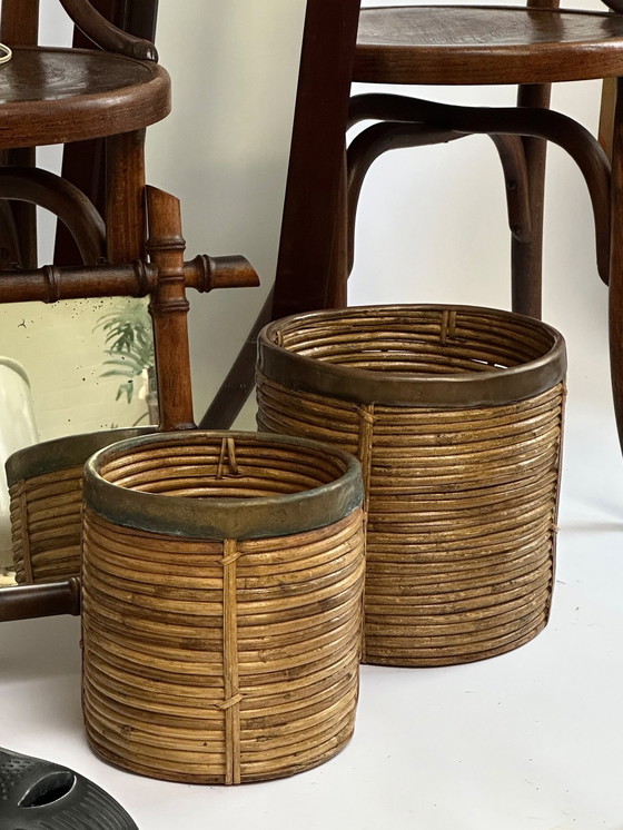 Image 1 of Pair Of 1960S Rattan And Brass Baskets