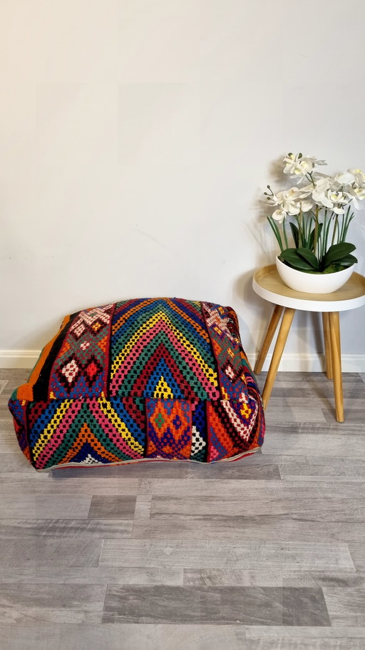 Vintage Kelim Pouf, Berber Seat Cushion From Morocco