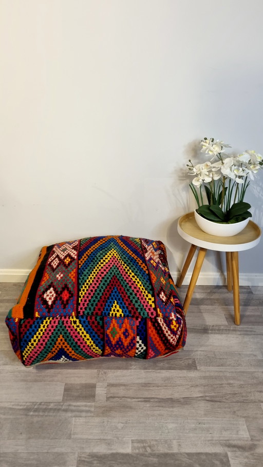 Vintage Kelim Pouf, Berber Seat Cushion From Morocco