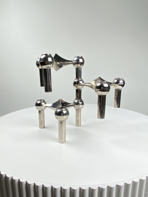 Image 1 of 3X Stoff Nagel Chrome / Silver Tone Modular Candle Holders In Original Box