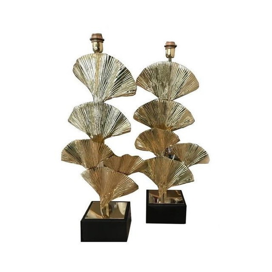 Image 1 of Set Of 2 Contemporary Gold Brass Frame Leaves Of Ginko Biloba Table Lamps