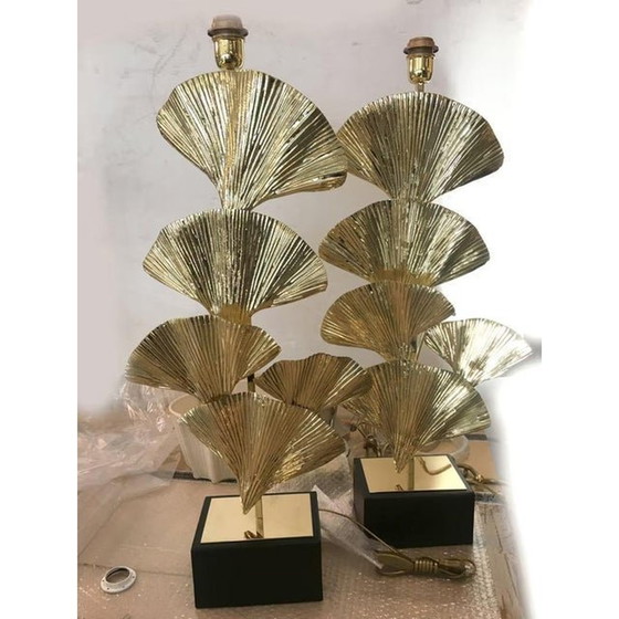 Image 1 of Set Of 2 Contemporary Gold Brass Frame Leaves Of Ginko Biloba Table Lamps