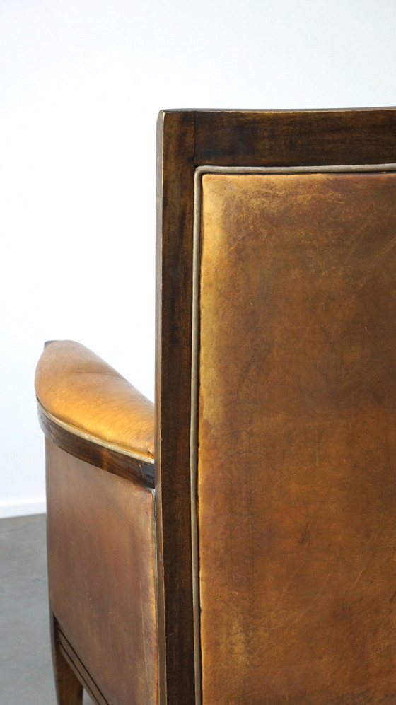 Image 1 of 2 x Fauteuil Artdeco en cuir de mouton avec dossier haut