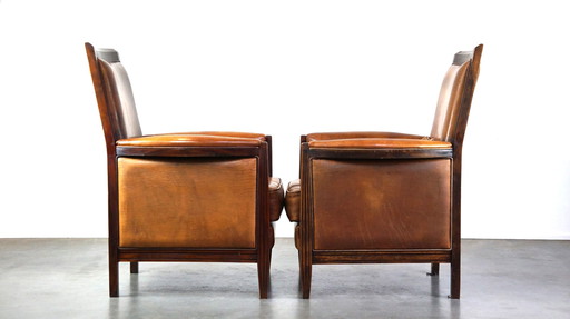 2 x Fauteuil Artdeco en cuir de mouton avec dossier haut