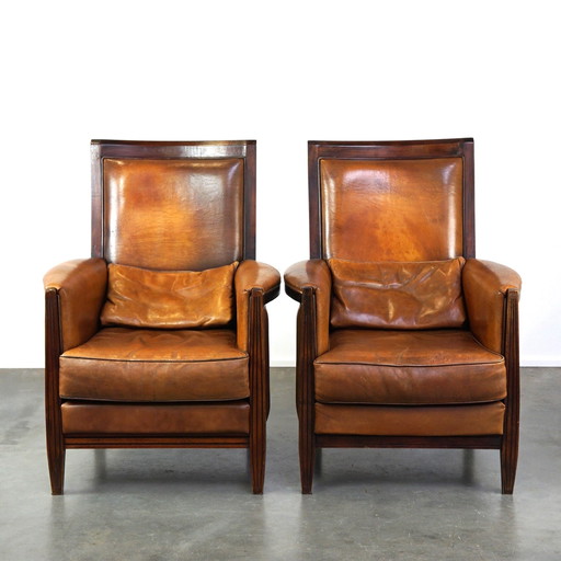 2 x Fauteuil Artdeco en cuir de mouton avec dossier haut