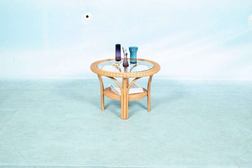 Table basse ronde vintage en osier, verre, rotin de bohème
