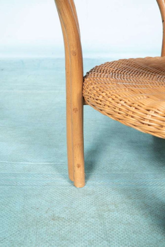 Image 1 of Table basse ronde vintage en osier, verre, rotin de bohème