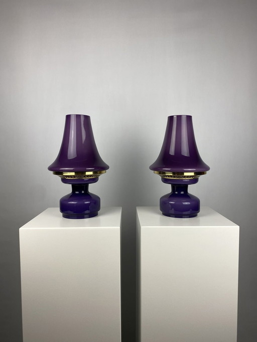 Pair Of Purple Glass Mushroom Table Lights B-124 By Hans Agne Jakobsson For Ab Markaryd