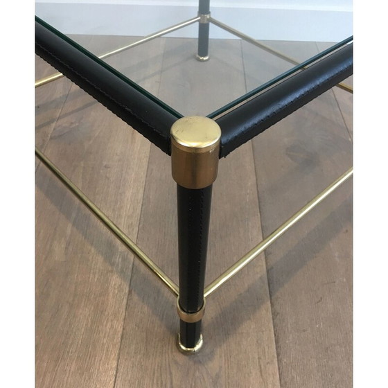 Image 1 of Pair of vintage square brass sofa ends with black leather sheaths, 1970