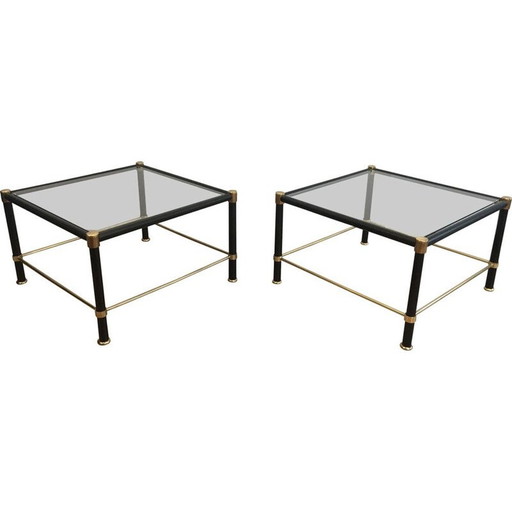 Coppia di estremità di divani quadrati vintage in ottone con fodere in pelle nera, 1970