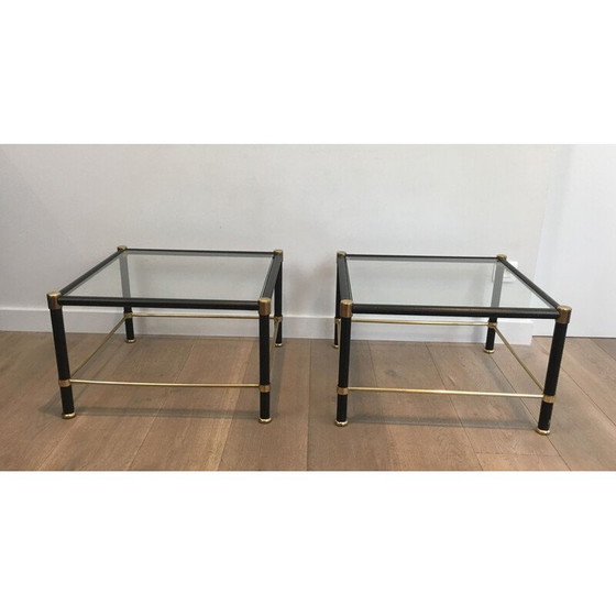 Image 1 of Pair of vintage square brass sofa ends with black leather sheaths, 1970