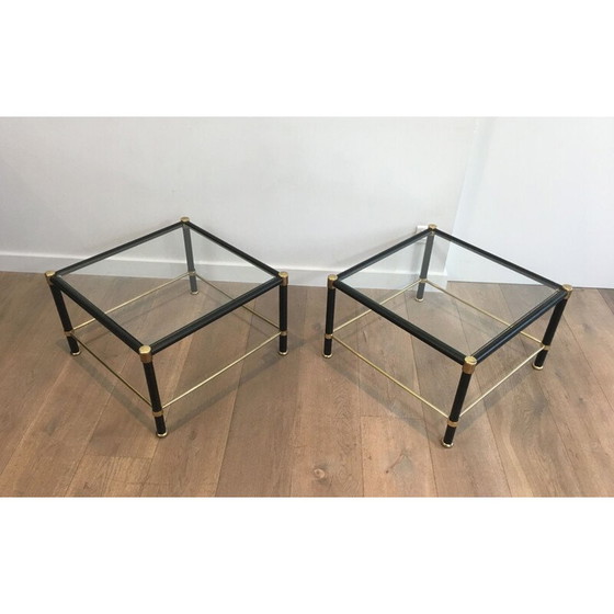 Image 1 of Pair of vintage square brass sofa ends with black leather sheaths, 1970