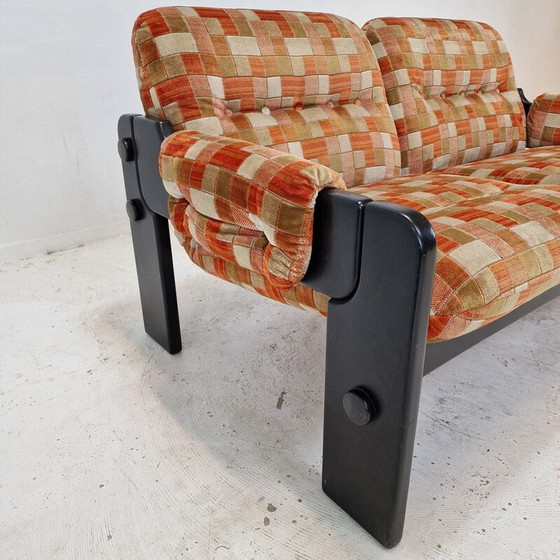 Image 1 of Vintage 2-seater sofa in black wood and multi-colored fabric, Italy 1980