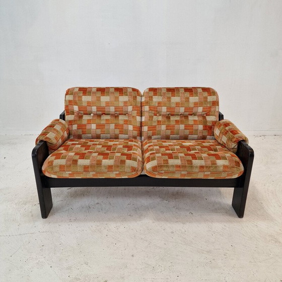 Image 1 of Vintage 2-seater sofa in black wood and multi-colored fabric, Italy 1980