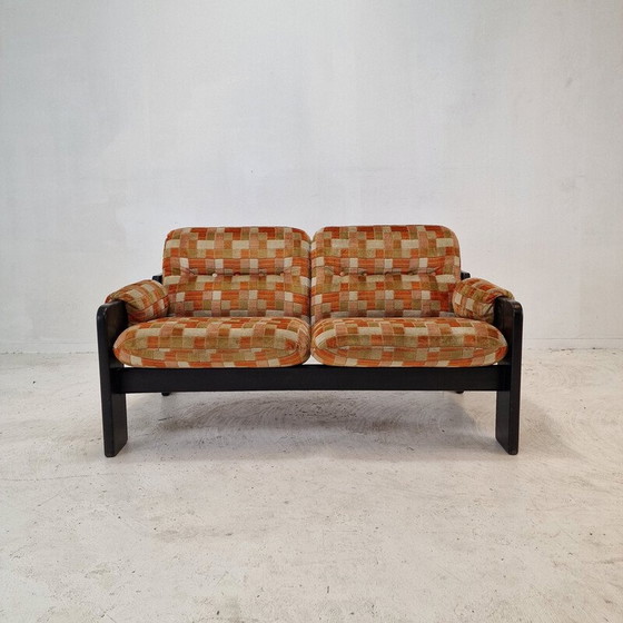 Image 1 of Vintage 2-seater sofa in black wood and multi-colored fabric, Italy 1980