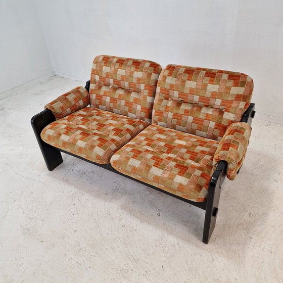Image 1 of Vintage 2-seater sofa in black wood and multi-colored fabric, Italy 1980