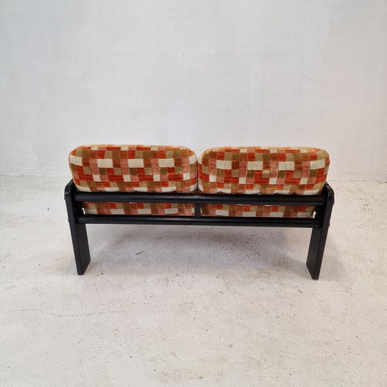 Image 1 of Vintage 2-seater sofa in black wood and multi-colored fabric, Italy 1980
