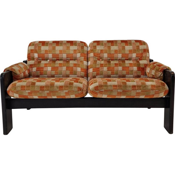 Image 1 of Vintage 2-seater sofa in black wood and multi-colored fabric, Italy 1980