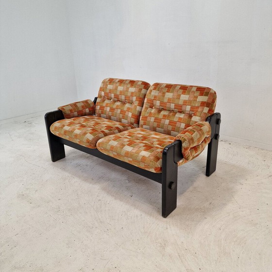 Image 1 of Vintage 2-seater sofa in black wood and multi-colored fabric, Italy 1980