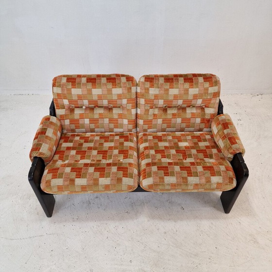 Image 1 of Vintage 2-seater sofa in black wood and multi-colored fabric, Italy 1980