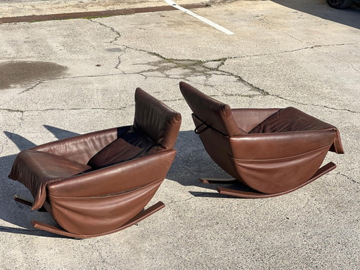 Pair De Fauteuils À Bascule De Sede, Swiss 1970 In Brown Leather