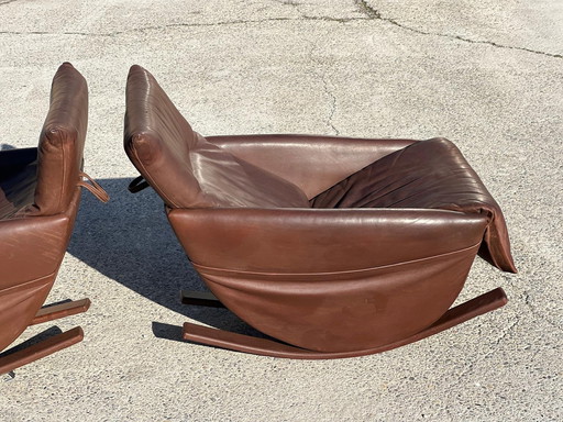 Pair De Fauteuils À Bascule De Sede, Swiss 1970 In Brown Leather