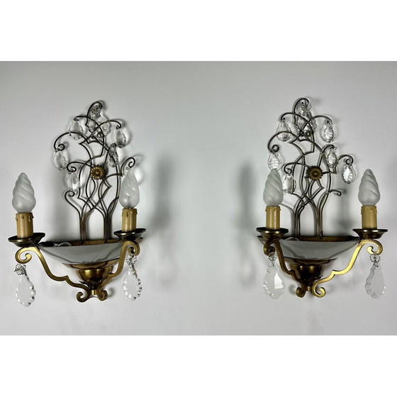 Image 1 of Pair of vintage brass wall lamps with papilla decor, 1940-1950