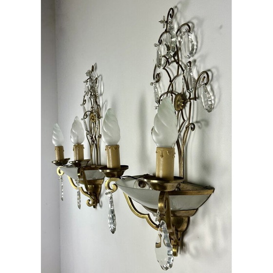 Image 1 of Pair of vintage brass wall lamps with papilla decor, 1940-1950