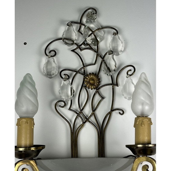 Image 1 of Pair of vintage brass wall lamps with papilla decor, 1940-1950