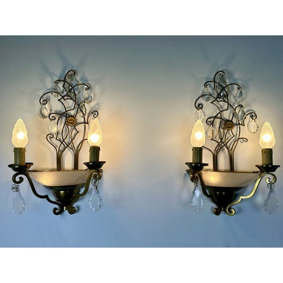 Image 1 of Pair of vintage brass wall lamps with papilla decor, 1940-1950