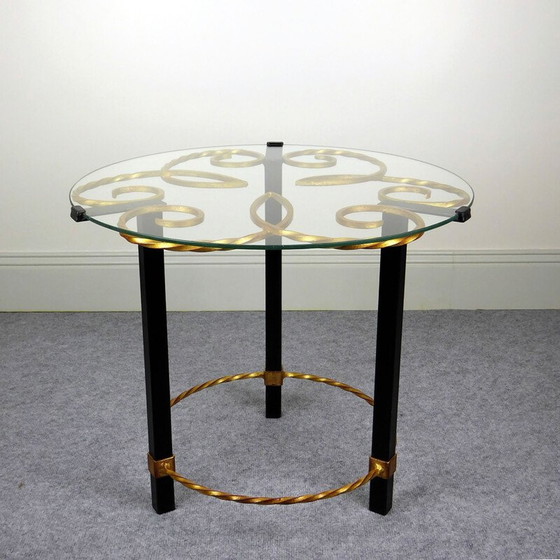 Image 1 of Black and gold metal pedestal table with vintage glass top, 1950