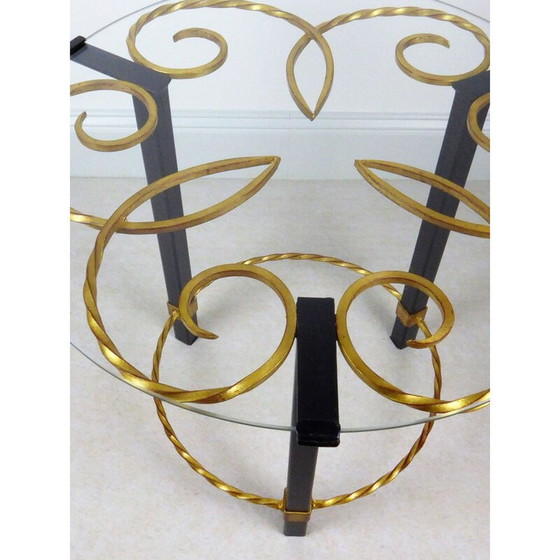 Image 1 of Black and gold metal pedestal table with vintage glass top, 1950