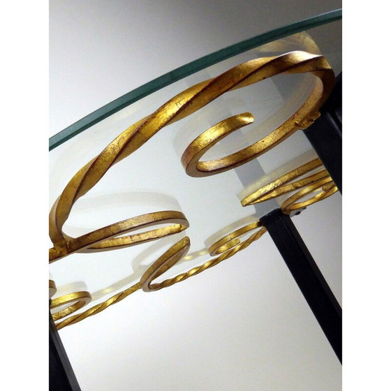 Image 1 of Black and gold metal pedestal table with vintage glass top, 1950