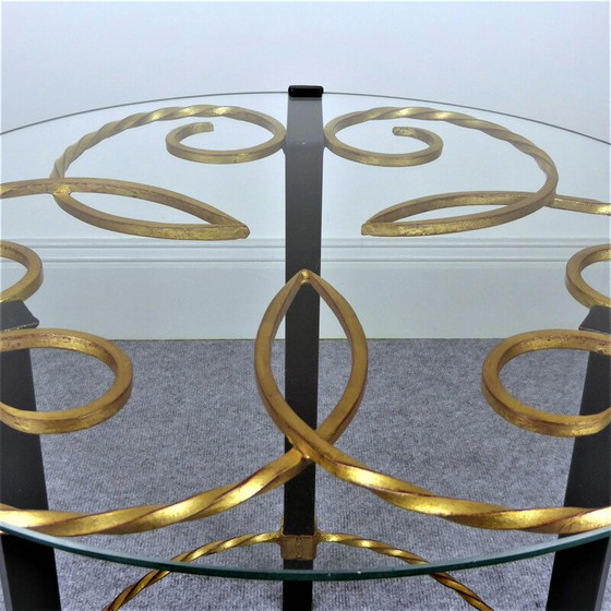 Image 1 of Black and gold metal pedestal table with vintage glass top, 1950