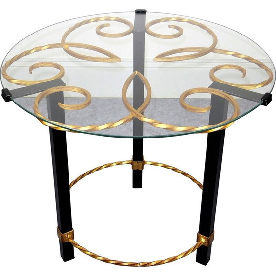 Image 1 of Black and gold metal pedestal table with vintage glass top, 1950
