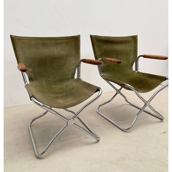 Image 1 of Set of 4 mid-century wood and green canvas folding armchairs