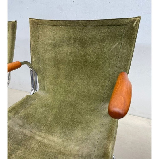 Image 1 of Set of 4 mid-century wood and green canvas folding armchairs