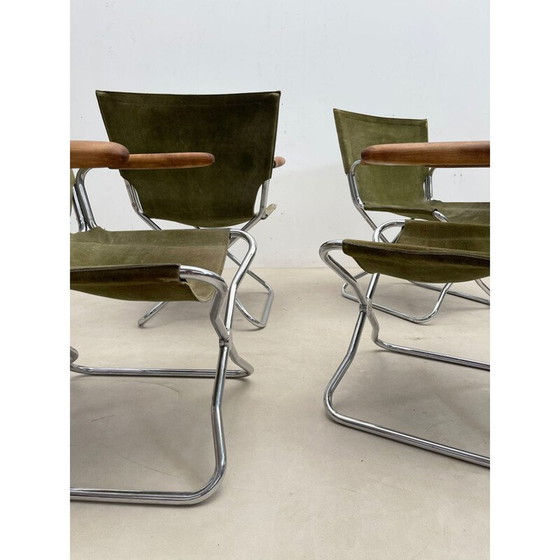 Image 1 of Set of 4 mid-century wood and green canvas folding armchairs