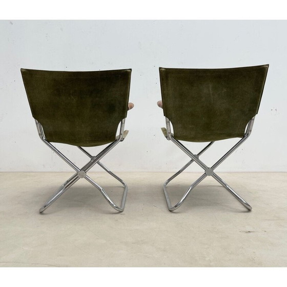 Image 1 of Set of 4 mid-century wood and green canvas folding armchairs