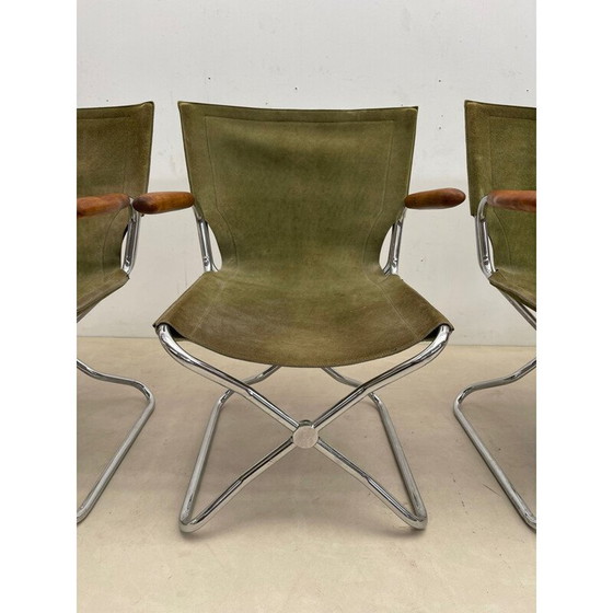 Image 1 of Set of 4 mid-century wood and green canvas folding armchairs