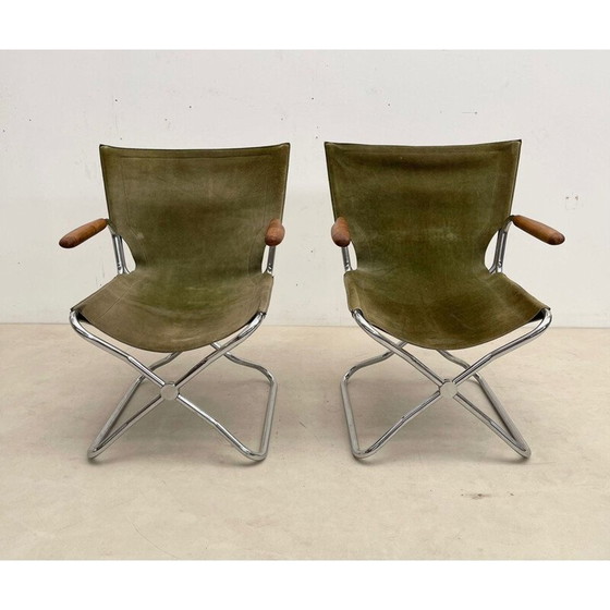 Image 1 of Set of 4 mid-century wood and green canvas folding armchairs