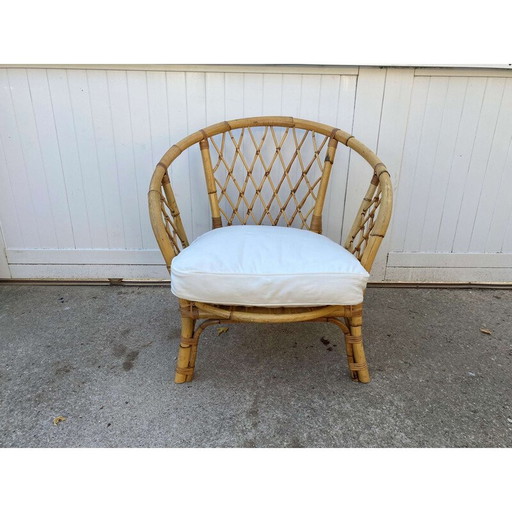 Vintage basket armchairs in rattan and cushion, 1970