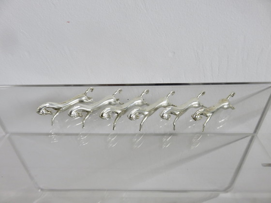 Image 1 of Set Of 6 Silvered Metal Horse Knife Holders, France, 1960