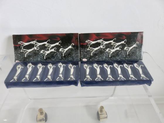 Image 1 of Set Of 6 Silvered Metal Horse Knife Holders, France, 1960