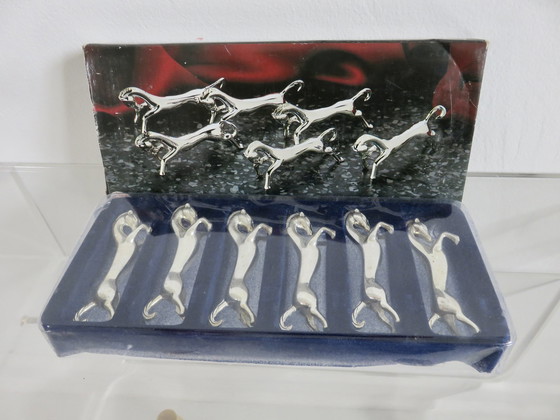 Image 1 of Set Of 6 Silvered Metal Horse Knife Holders, France, 1960